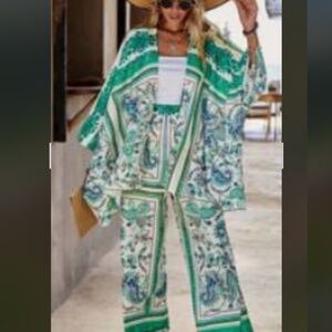 Green Printed Wide-Leg Jumpsuit with Matching Kimono